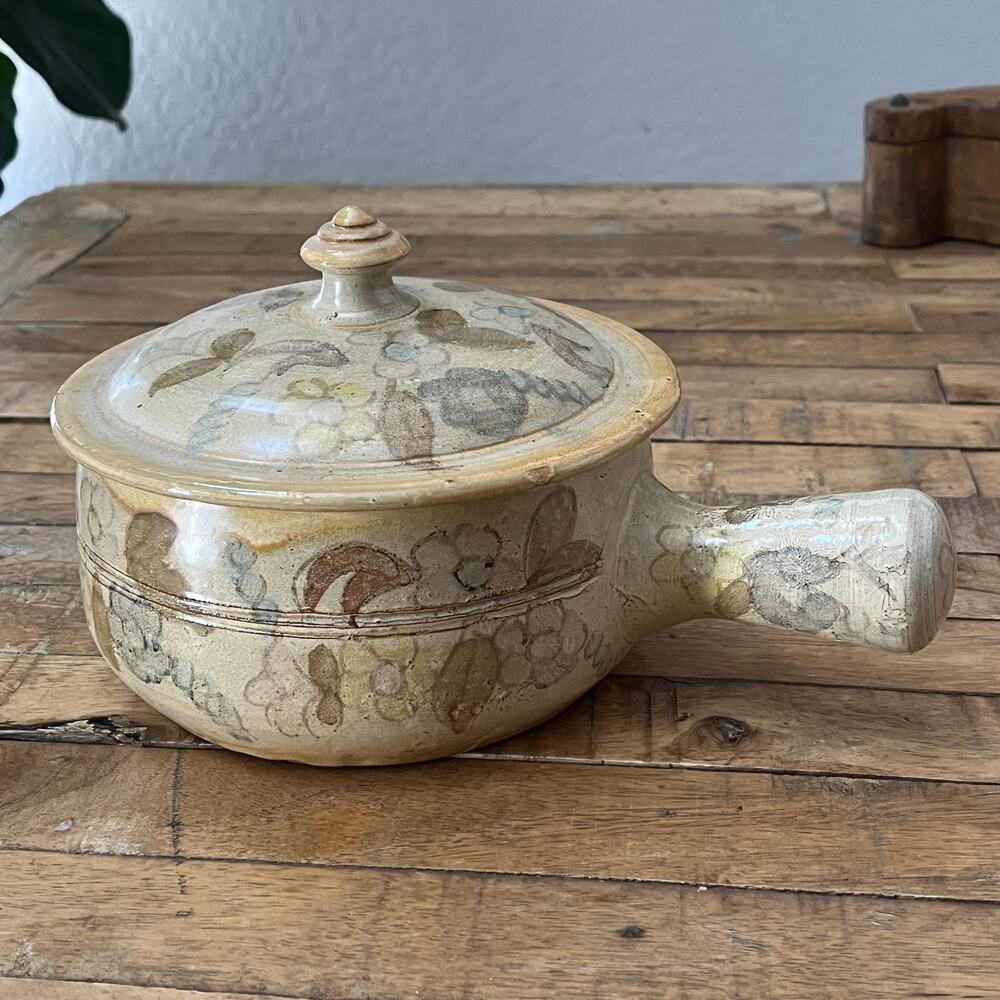 Olaria De Almancil Covered Bean Pot Crock Handle Rustic Floral Design Signed
